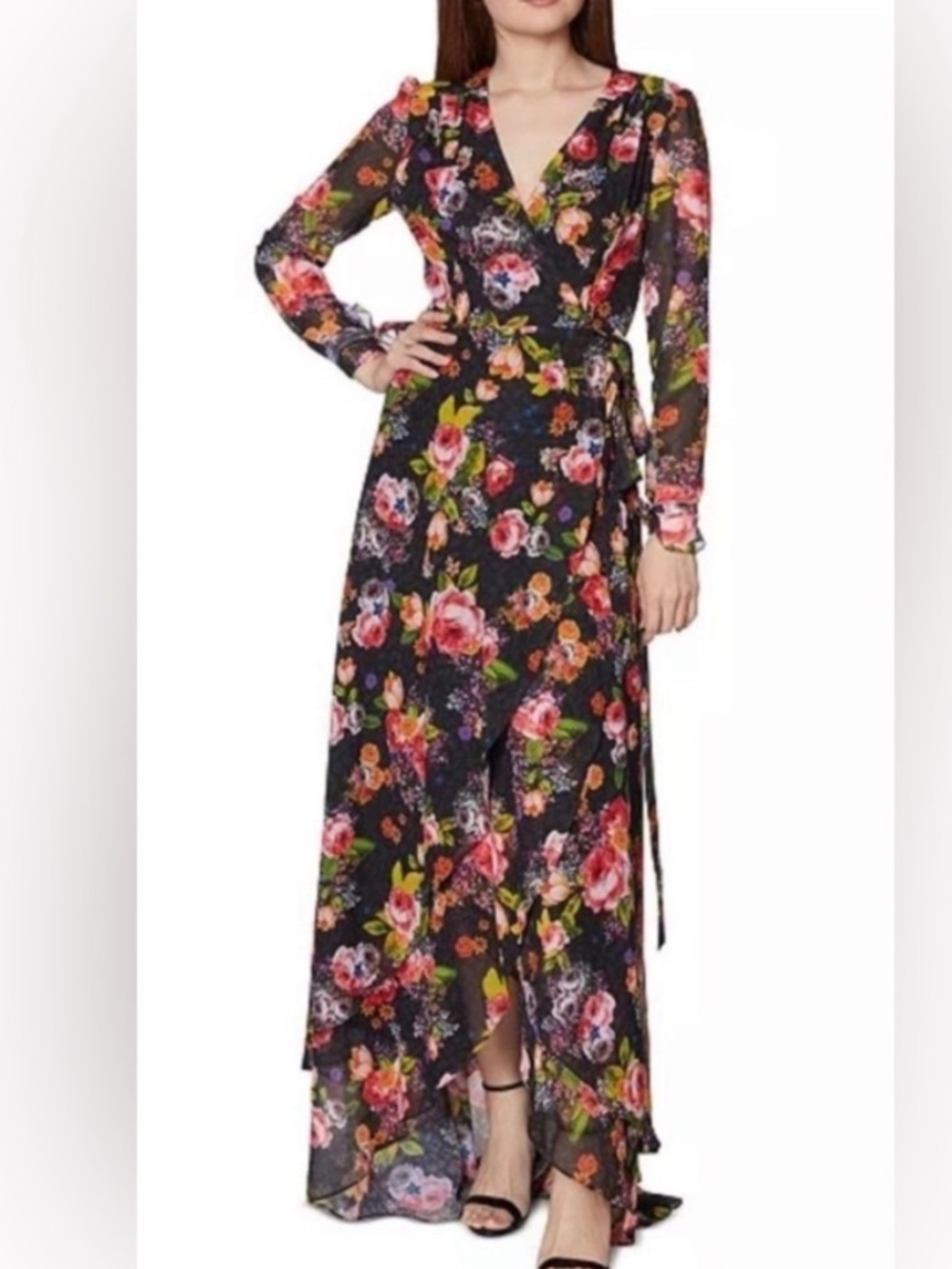 Betsey Johnson Black Floral Wrap Mesh Maxi Dress with Pink & Green Blooms